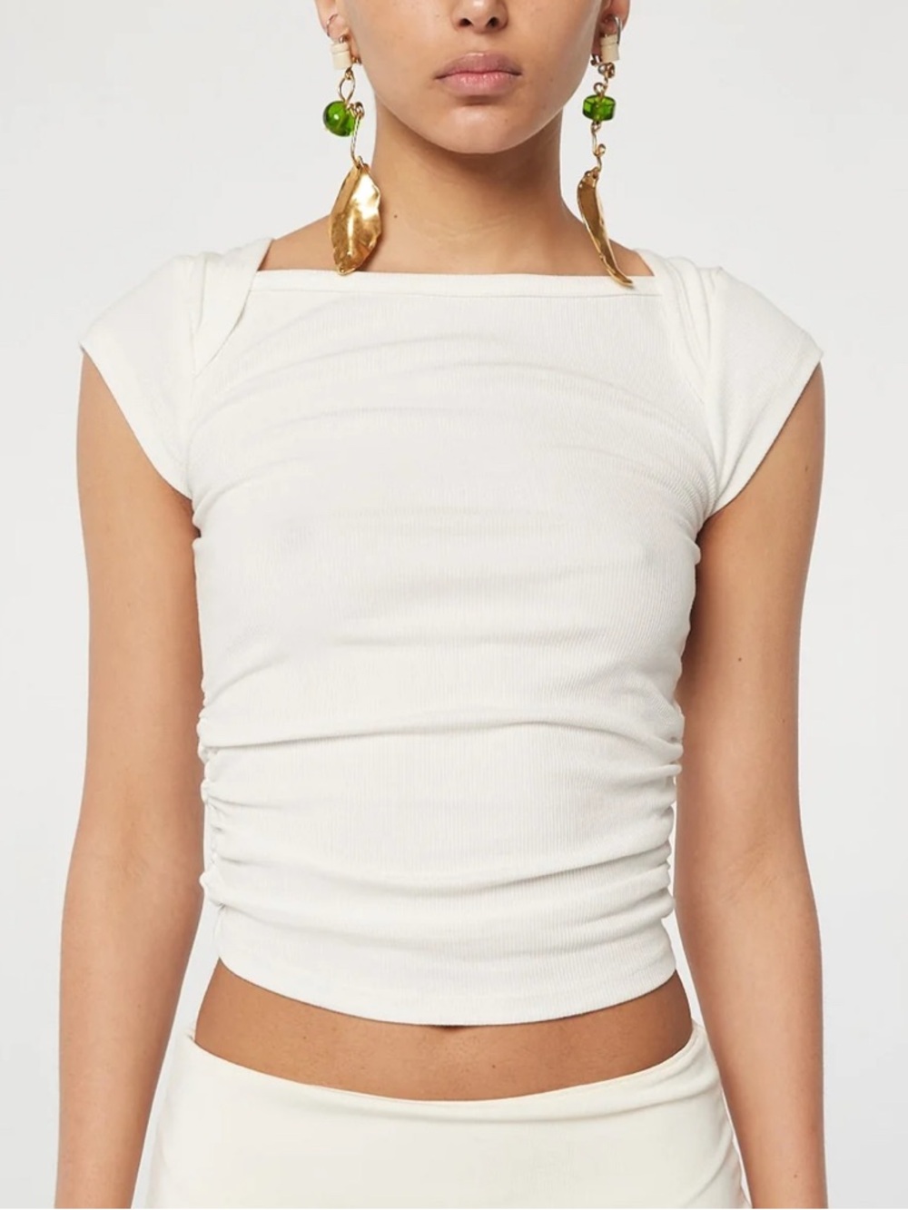 The Line by K White Square-Neck Ribbed Cap Sleeve Crop Top
